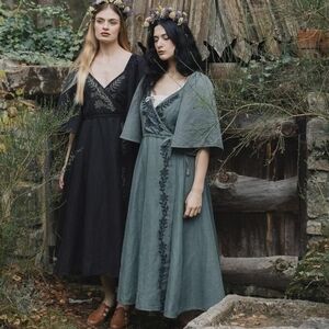 Voriagh "Gisela" sage embroidered crossover dress with sleeves